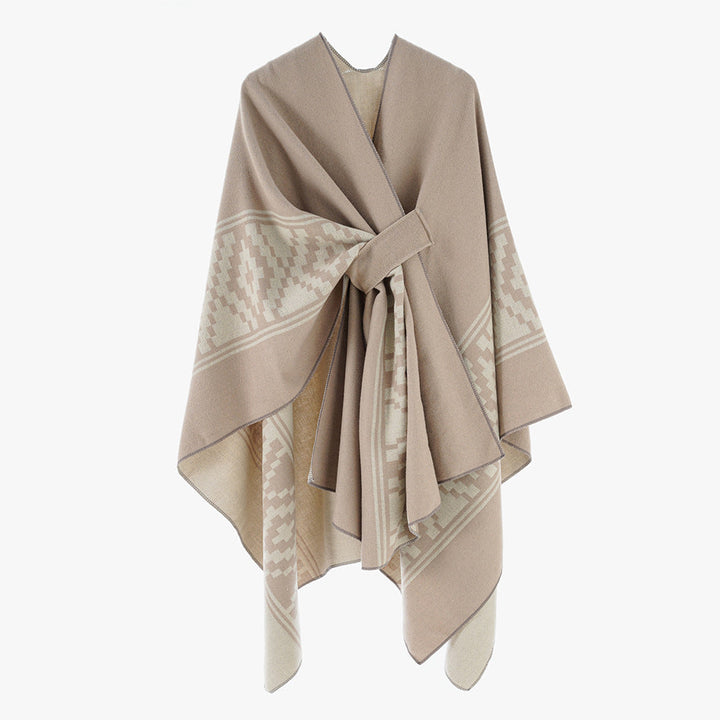 Dam Jacquard Ruana med TIE bälte och geometric mönster