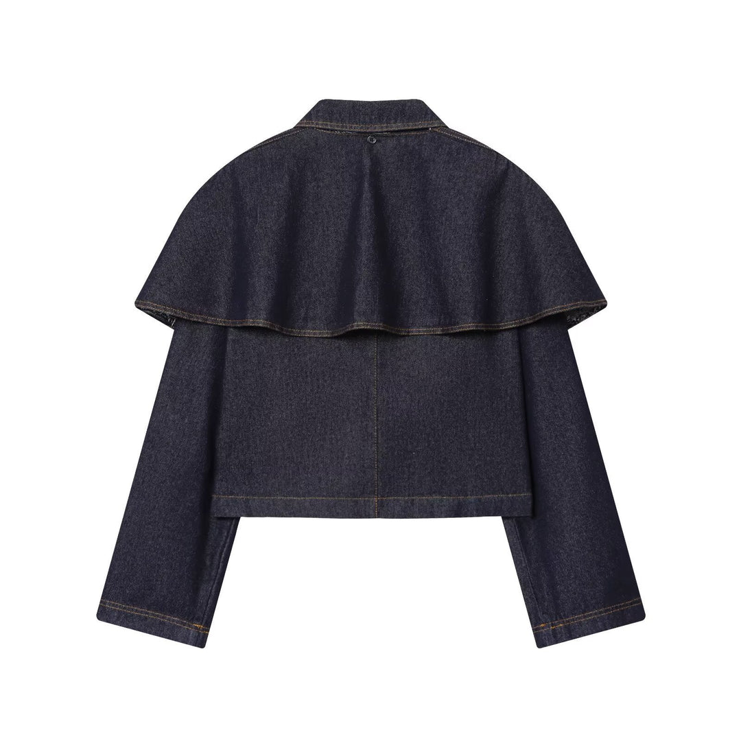 Dam kort jeans jacka med Cape Insert, Flap fickor och tryckknappar