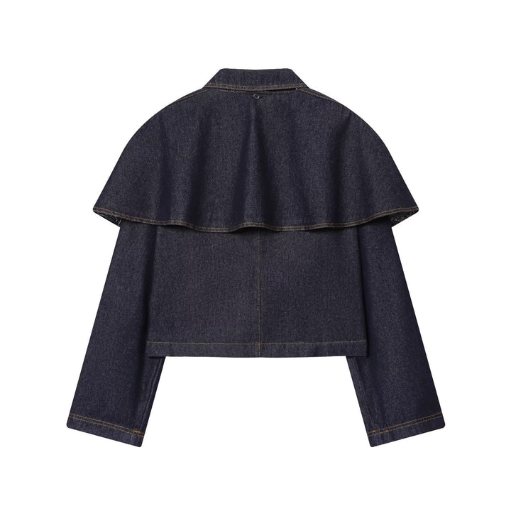 Dam kort jeans jacka med Cape Insert, Flap fickor och tryckknappar