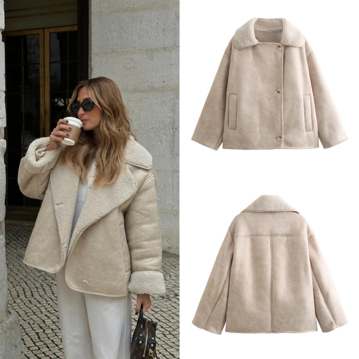 Dam Boxy jacka in Sheepskin look med teddyfoder och stor Lapel