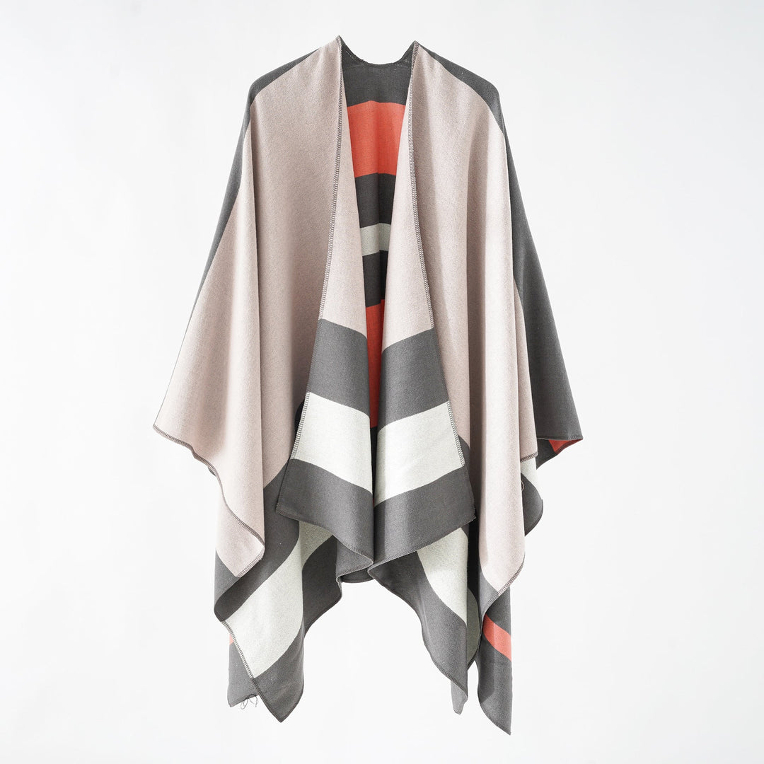 Dam Oversize Ruana i Cape stil tillverkad av ull look med Geometric Block Stripes