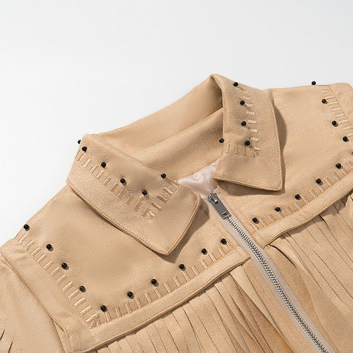 Dam kort fringe jacka i mockalook med studded accents