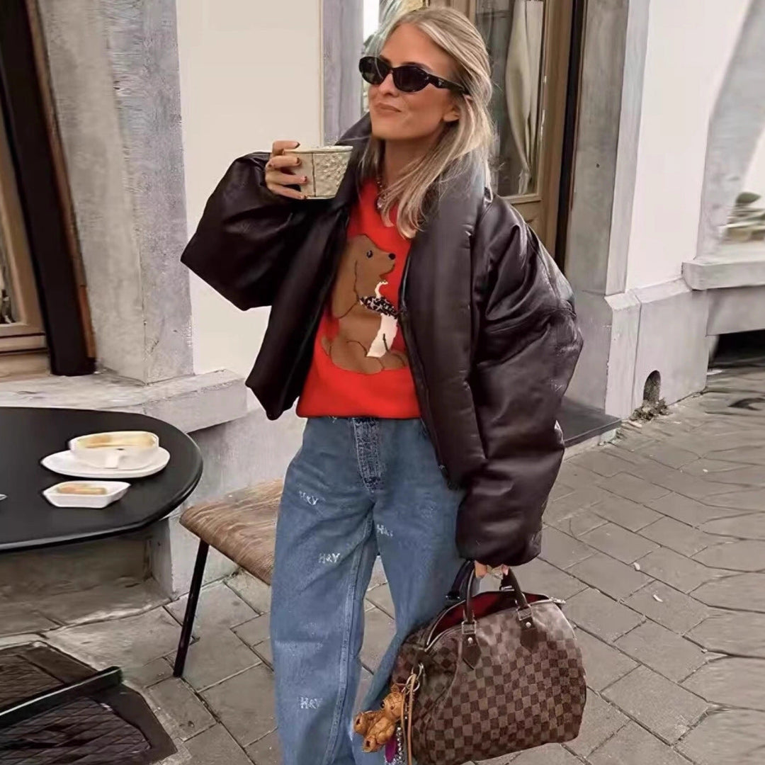 Dam Oversized Konstläder Blouson med Voluminous Ståkrage och Elastic Fåll