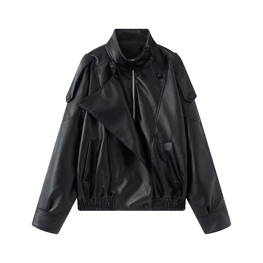 Dam Oversized Konstläder Biker Jacka med Asymmetric Lapel, Ståkrage, och Midjedragsko