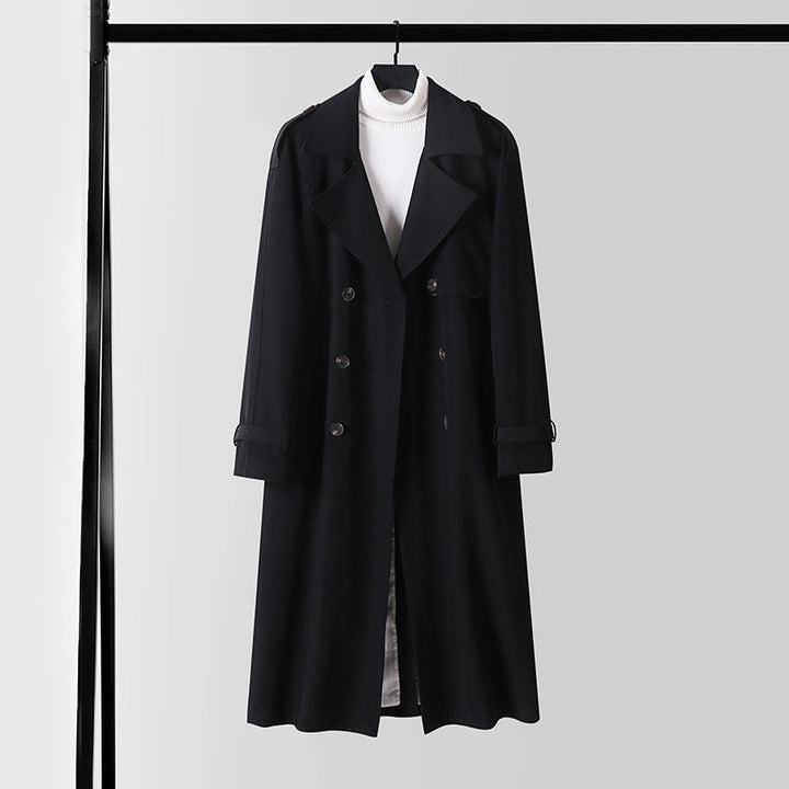Dam elegant Maxi trenchcoat gjord ullblandning med vid shawl krage och knytband