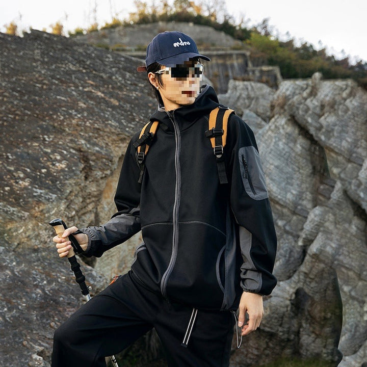 Herr Oversize Frilufts Fleece Jacka med Huva, Ärm Dragkedja Ficka &amp; Dragsko