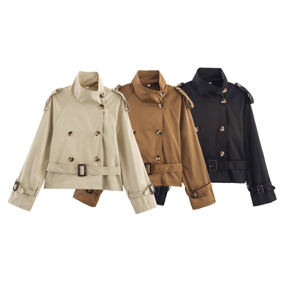 Dam kort Double-Breasted trench Blouson med hög ståkrage, Shoulder Tabs, och midjebälte