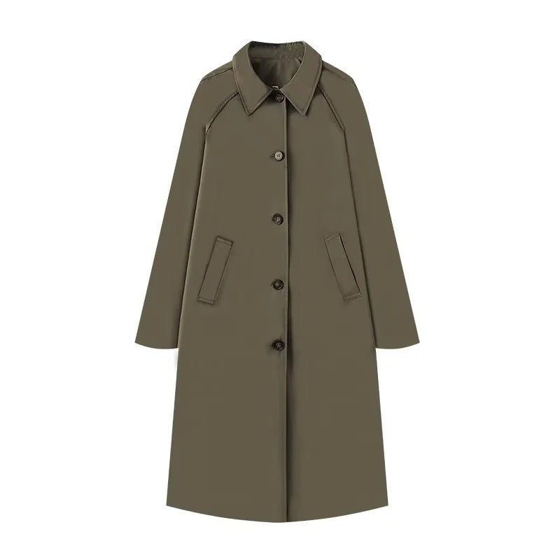 Dam 400+ Lång Skärning Trenchcoat med Raglan Ärmar och Dold Knapp Knäppning