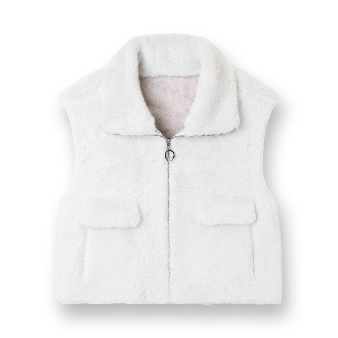 Dam ärmlös Faux Fur väst med ståkrage, dragkedja och Flap fickor