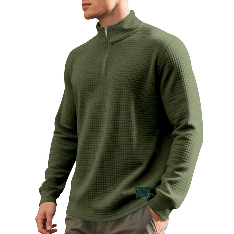 Herr Nano Lätt Waffle Stickad Pullover med Kort Krage Dragkedja och Rounded Fåll