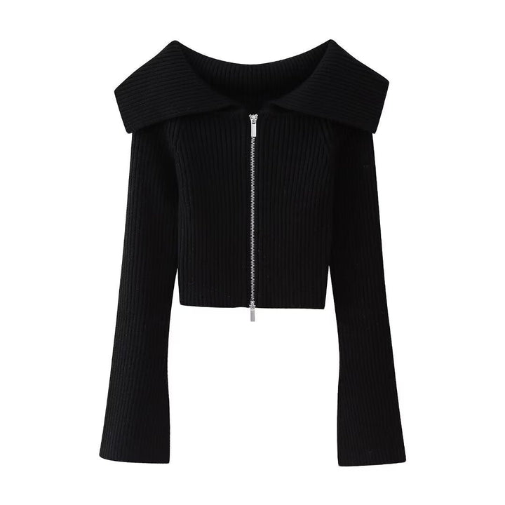 Dam kort skärning Ribbed Knit jacka med vid Off-Shoulder krage och hellång dragkedja