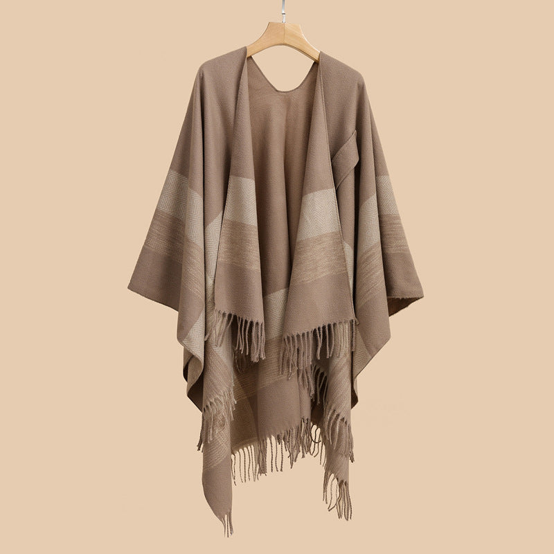 Dam lätt ullblandning kimono skärning Overlay med Herringbone kant och fransfåll
