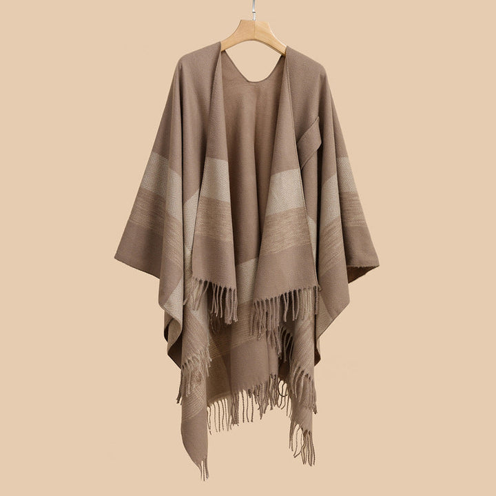 Dam lätt ullblandning kimono skärning Overlay med Herringbone kant och fransfåll
