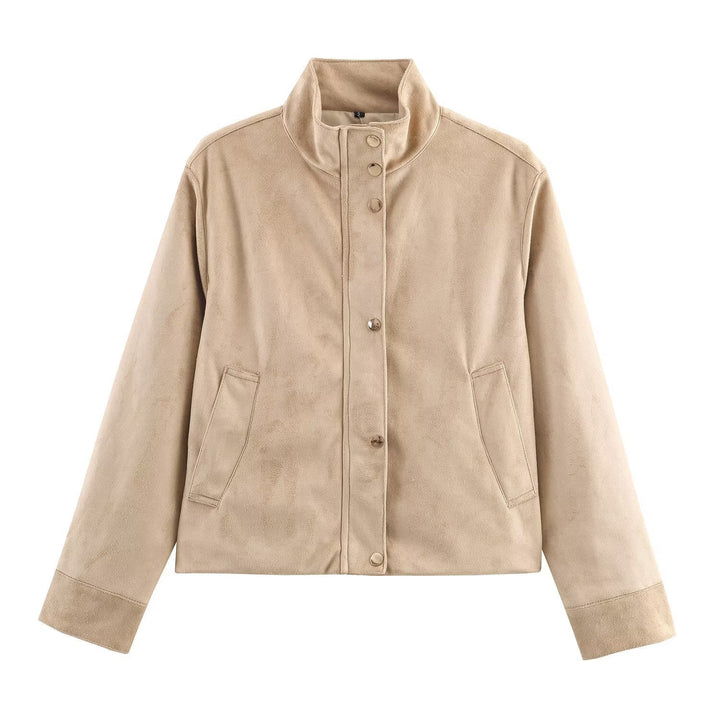 Dam Kort Suede Look Jacka med Stå Krage och Tryckknapp Knapp Knäppning