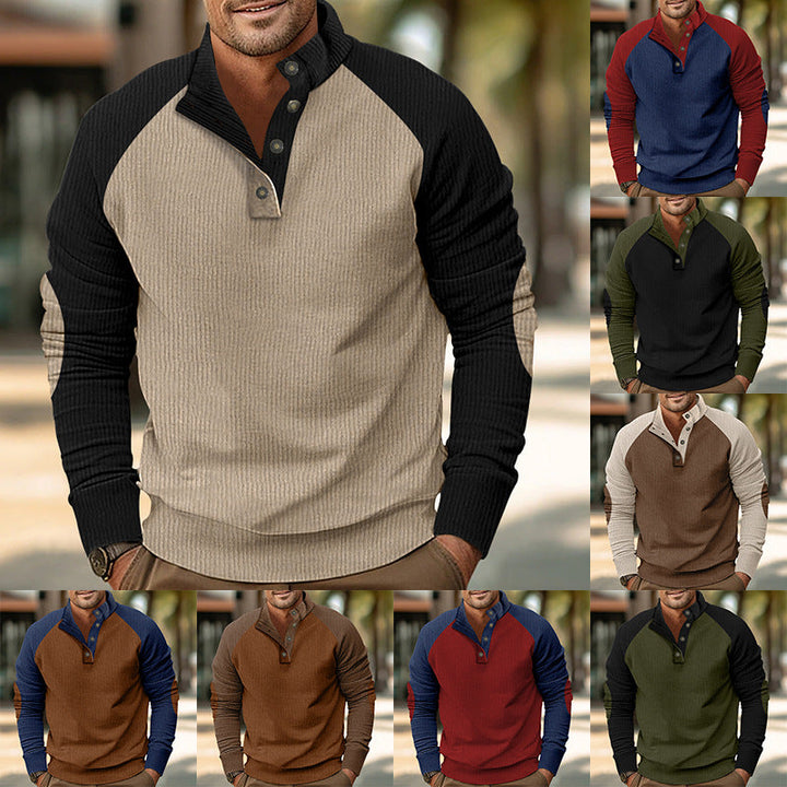 Herr Warmer Waffle Texture Henley Pullover med Contrast Raglanärmar &amp; Ståkrage