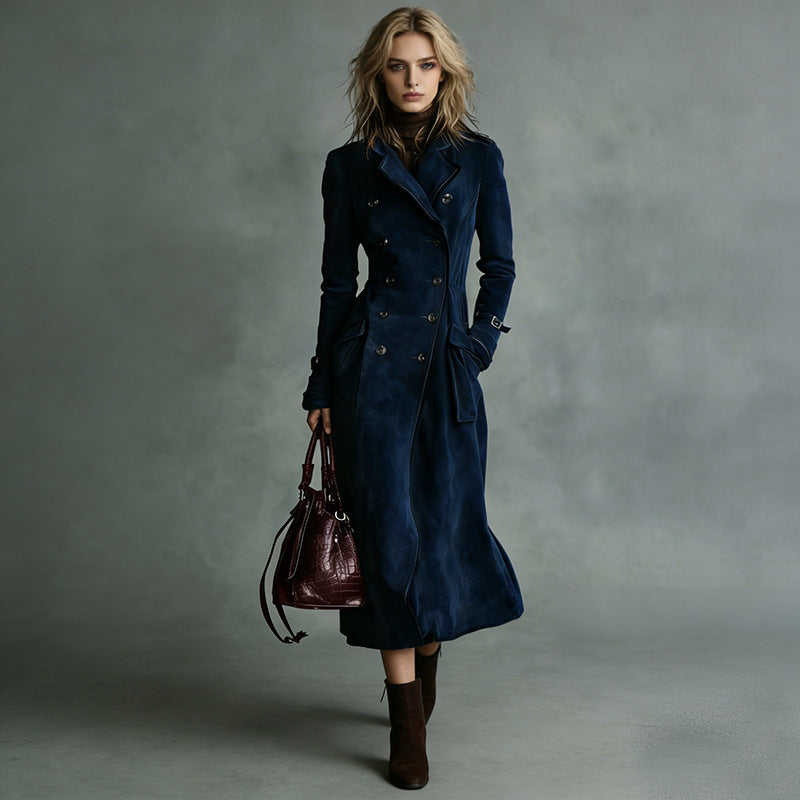 Dam längre skräddad trenchcoat in mocka look med Double-Breasted knappslå och Buckle muddar