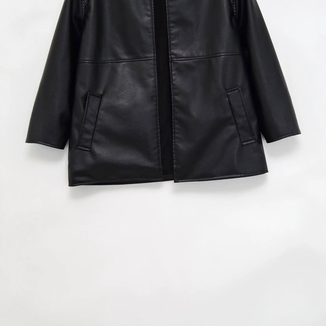 Dam Collarless Oversize Jacka i Konstläder med Round Neckline