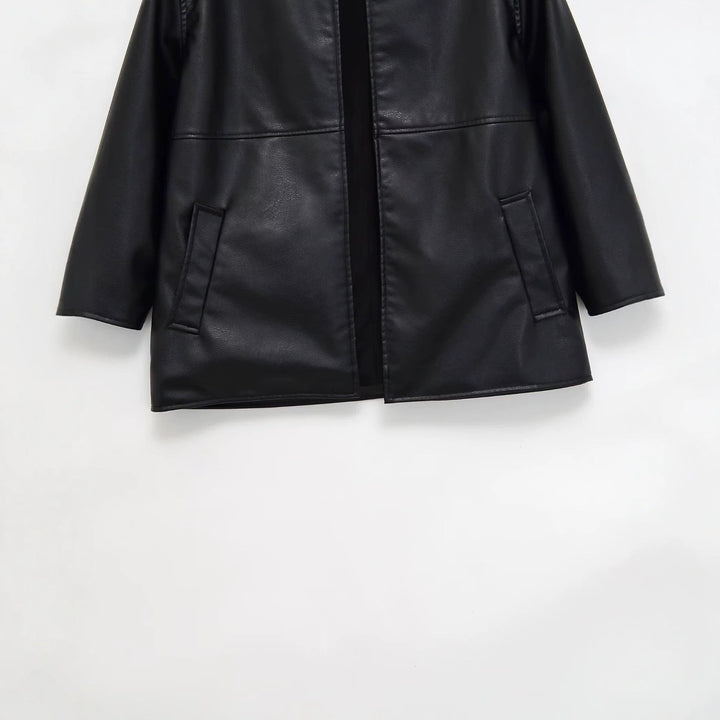 Dam Collarless Oversize Jacka i Konstläder med Round Neckline