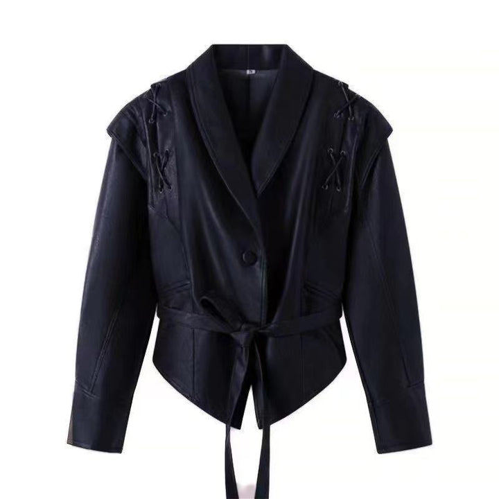 Dam kort jacka velour look med sjalkrage, midjebälte och lacing detail