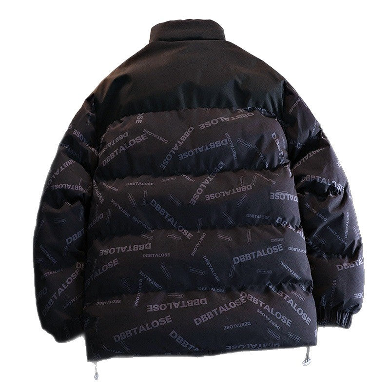 Unisex vadderad kviltad jacka med Allover Logo tryck, hög ståkrage &amp; justerbar fåll
