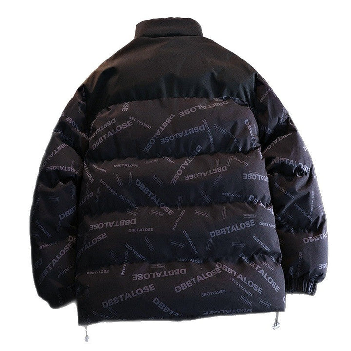 Unisex vadderad kviltad jacka med Allover Logo tryck, hög ståkrage &amp; justerbar fåll