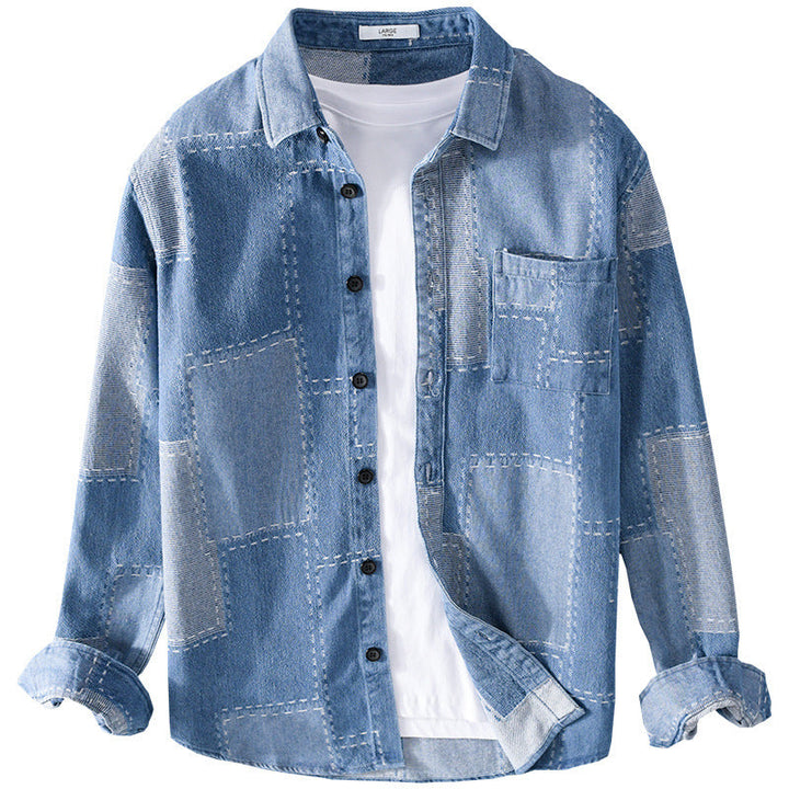 Herr Patchwork Skjortjacka Tillverkad av Texturerad Denim med Synlig Sömmar och Bröstficka