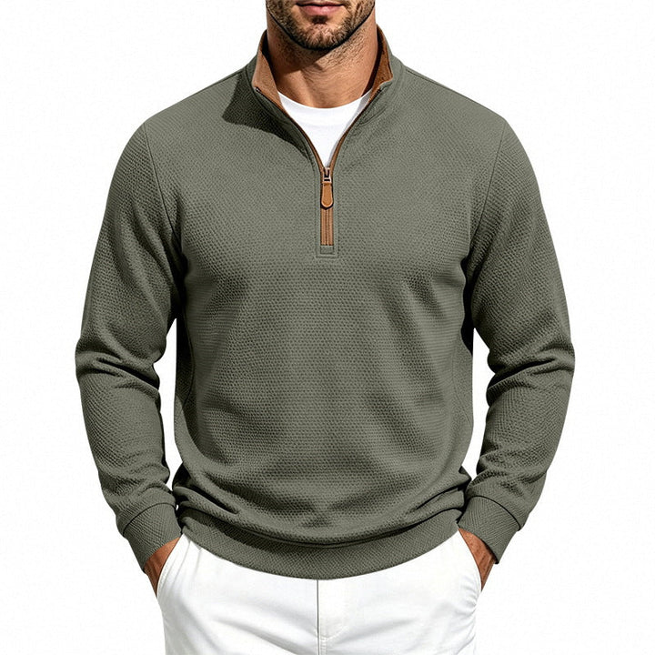 Herr Halv Dragkedja Pullover med Waffle Texture och Contrast Krage