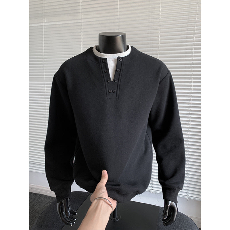 Herr Henley College-Tröja med Knapplist, Oversized Passform &amp; Ribbstickade Muddar