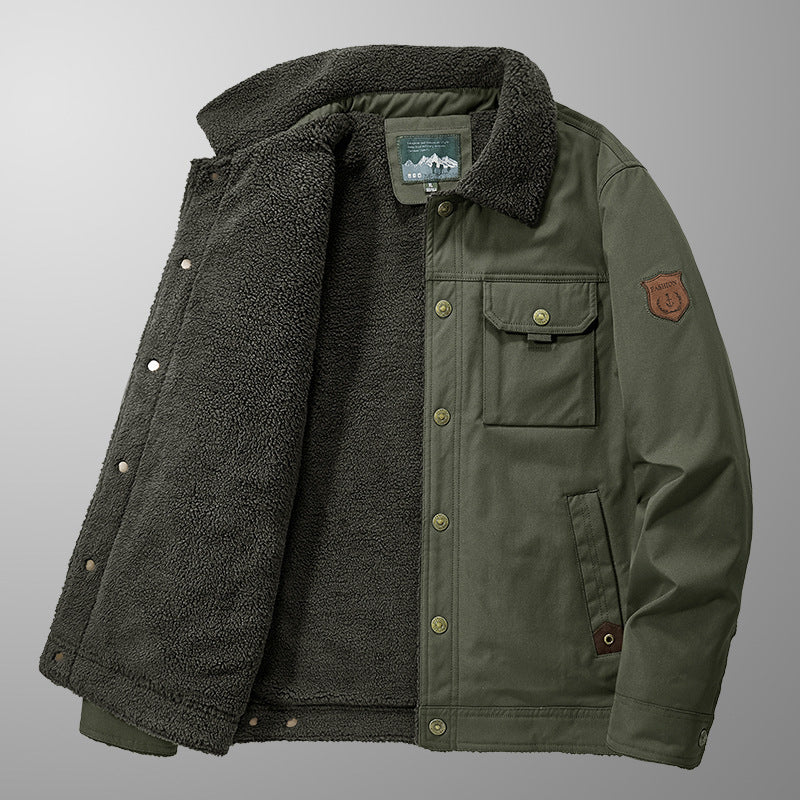 Herr Fodrad Canvas Trucker Jacka med Teddy Fleecefoder och Skjorta Krage