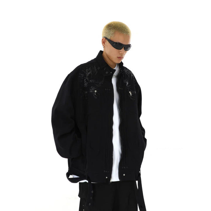 Herr Oversized Utilityjacka med Embroidery, Ståkrage, Dragkedja och Long Straps