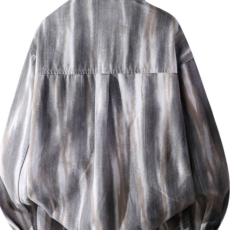 Herr Oversized Skjortjacka i Watercolor Rand Look med Breast Ficka &amp; Mjuk Bomullsblandning