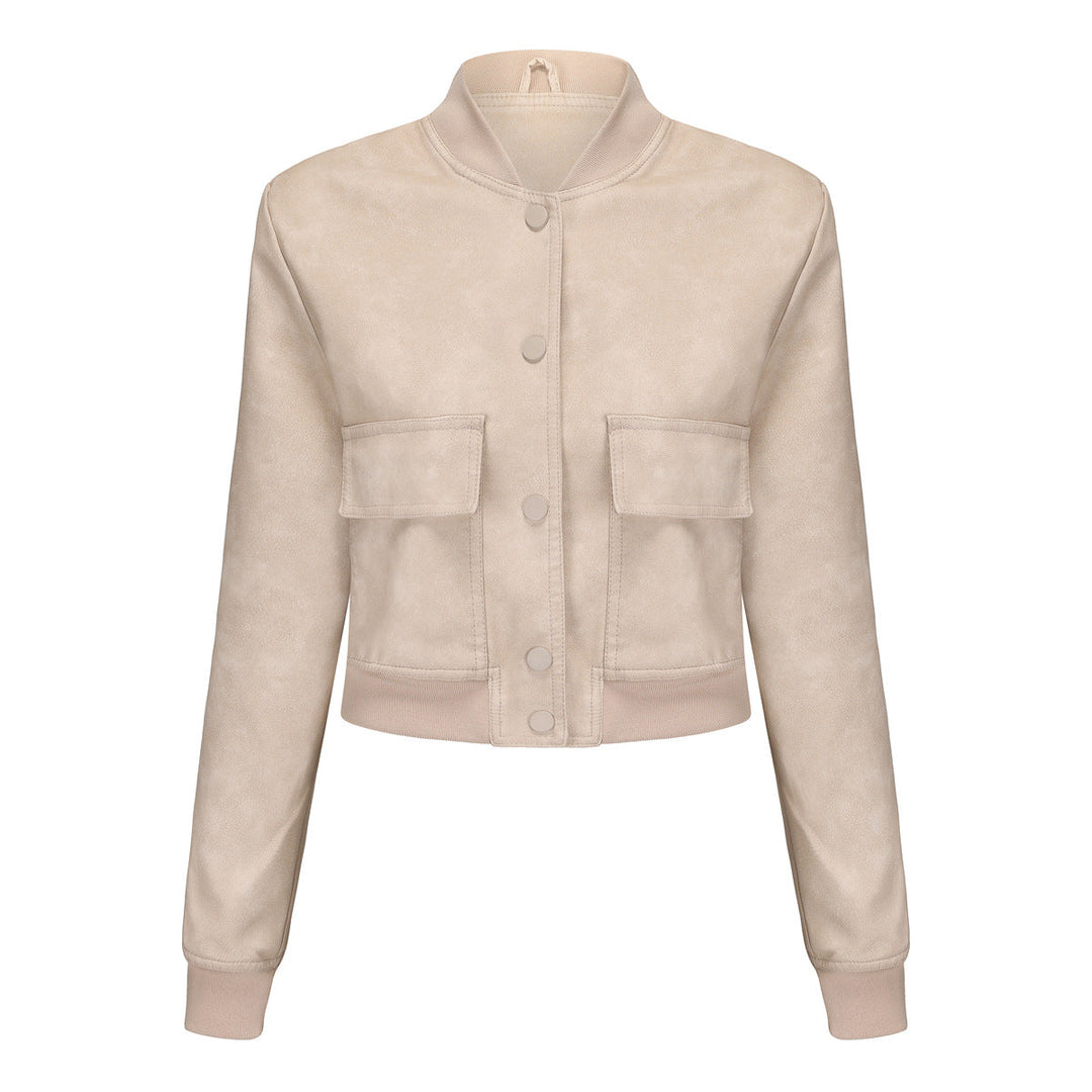 Dam kort crop konstläderjacka i blouson stil med snap front och flap fickor