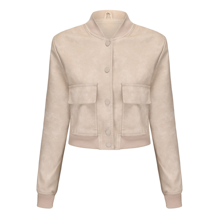 Dam kort crop konstläderjacka i blouson stil med snap front och flap fickor