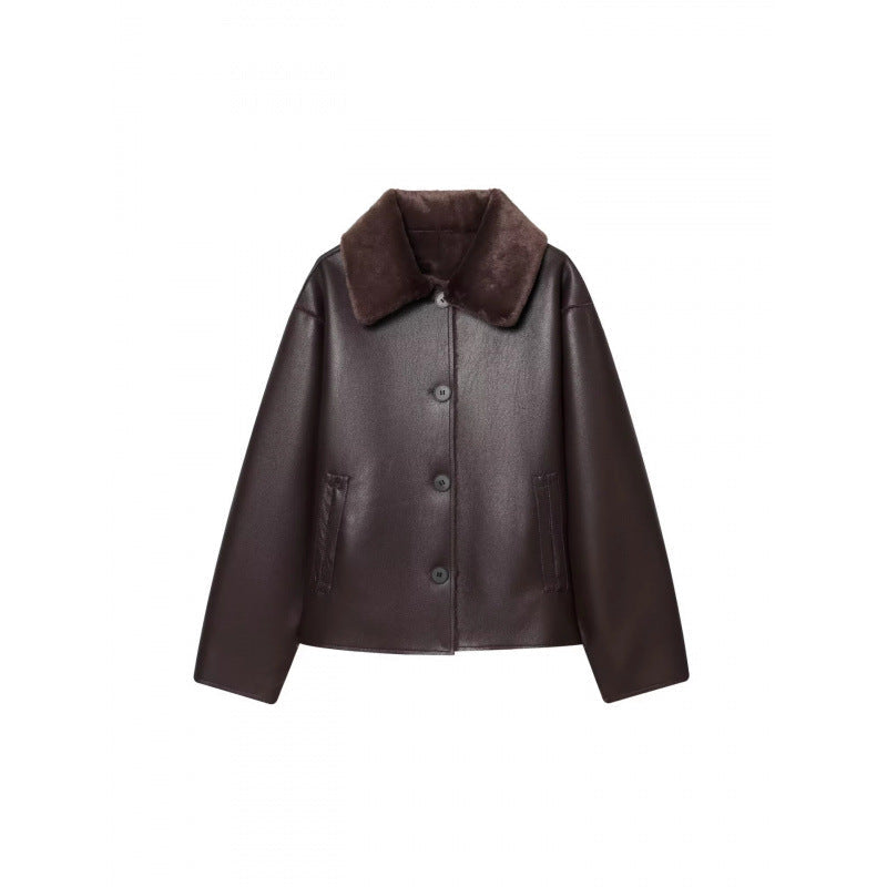 Dam Kort Reversible Sheepskin Jacka med Full Lapel Krage och Varm Teddy Foder