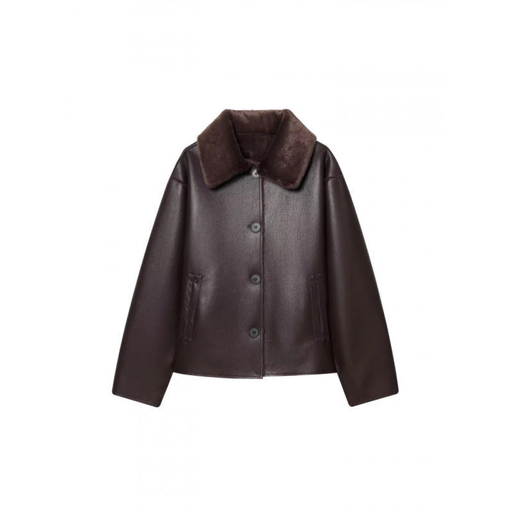 Dam Kort Reversible Sheepskin Jacka med Full Lapel Krage och Varm Teddy Foder