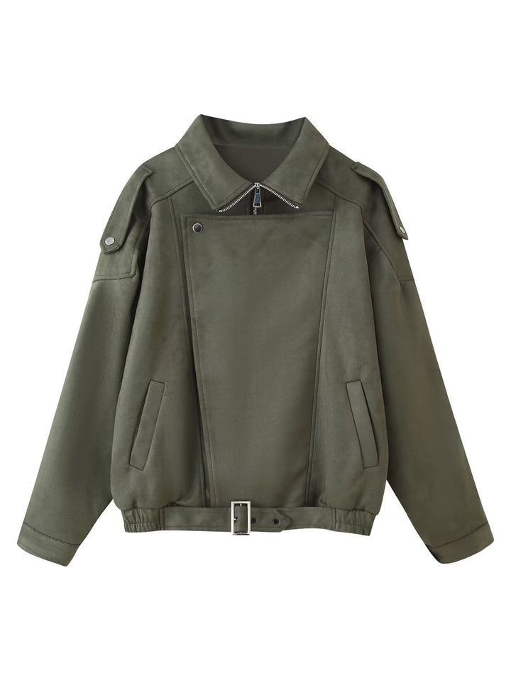 Dam Kort Jacka i Biker Blouson Stil med Bälte och Asymmetrical Lock