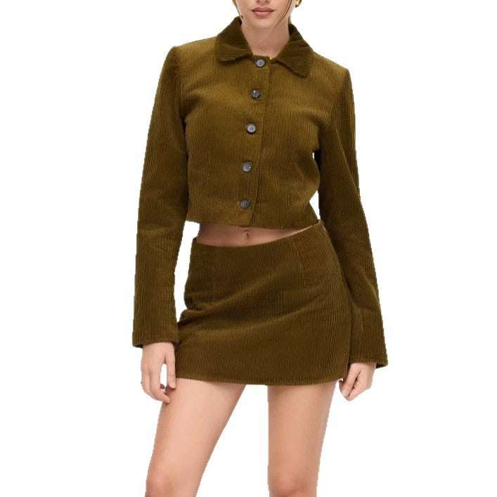 Dam Pleated kort jacka med skjortkrage och Turned-up Cuffs