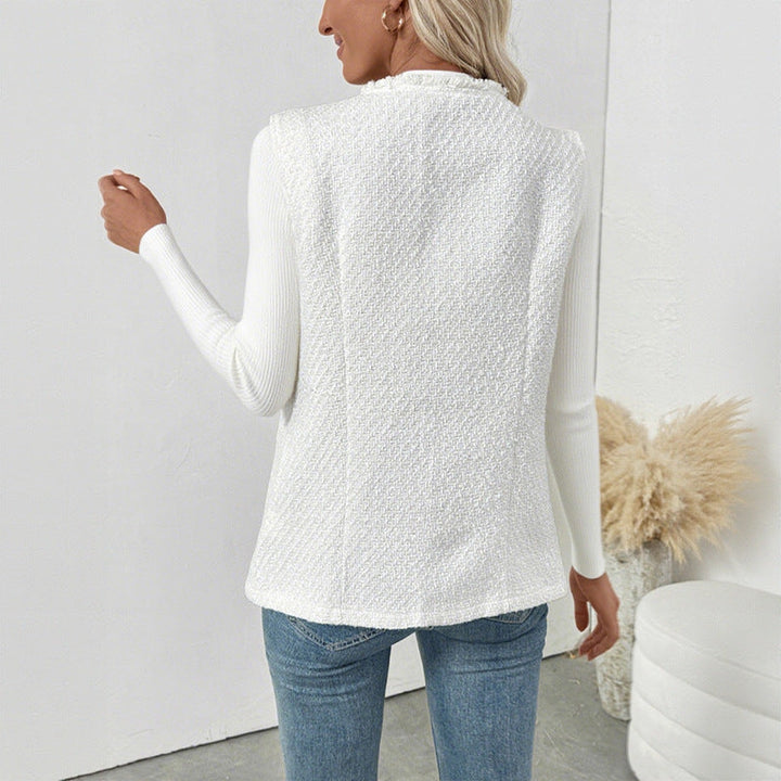 Dam Boucle Väst med Decorative Knappar, Fringe Kant och Fickor