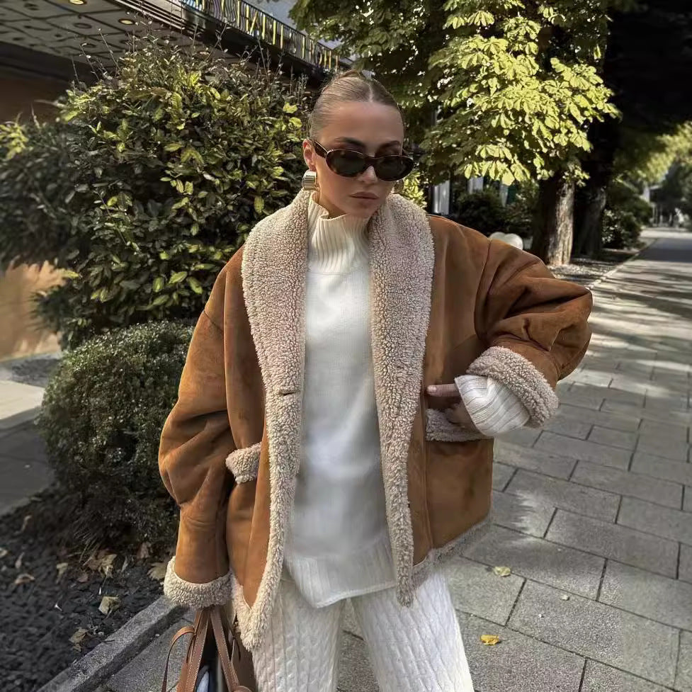 Dam Kort Jacka med Teddy Foder, Shawl Krage, och Oversize Skärning