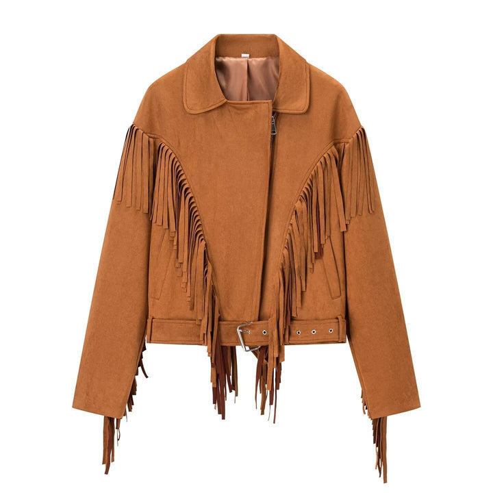 Dam mocka look Fringe jacka med oversize skärning, midjebälte och Statement ärmar