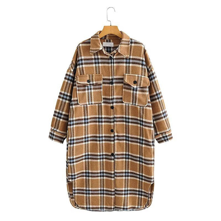 Dam Oversized Check Skjorta Jacka i Lång Modell Skärning med Lapp Bröst Fickor