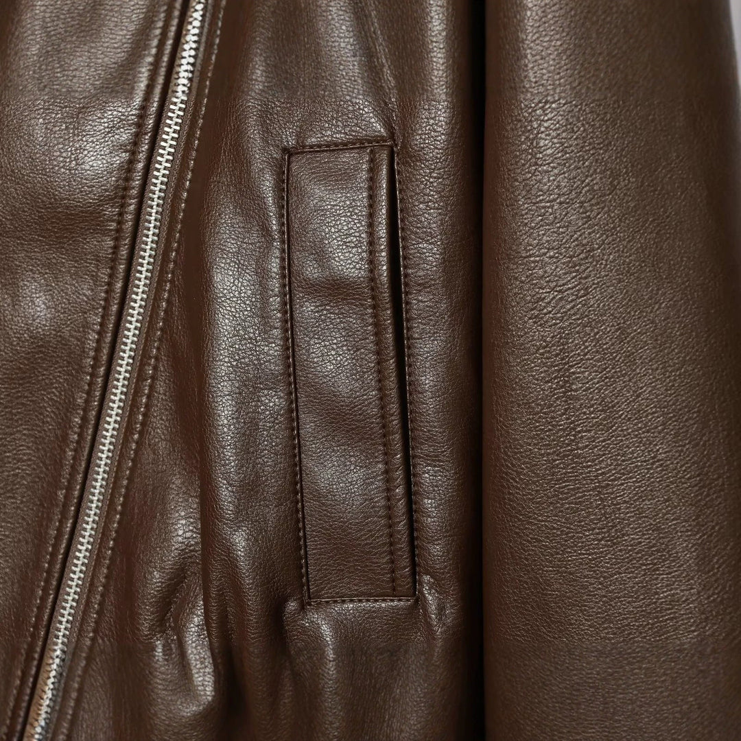 Dam Kort Biker Blouson i Läderlook med Hög Funnel Krage