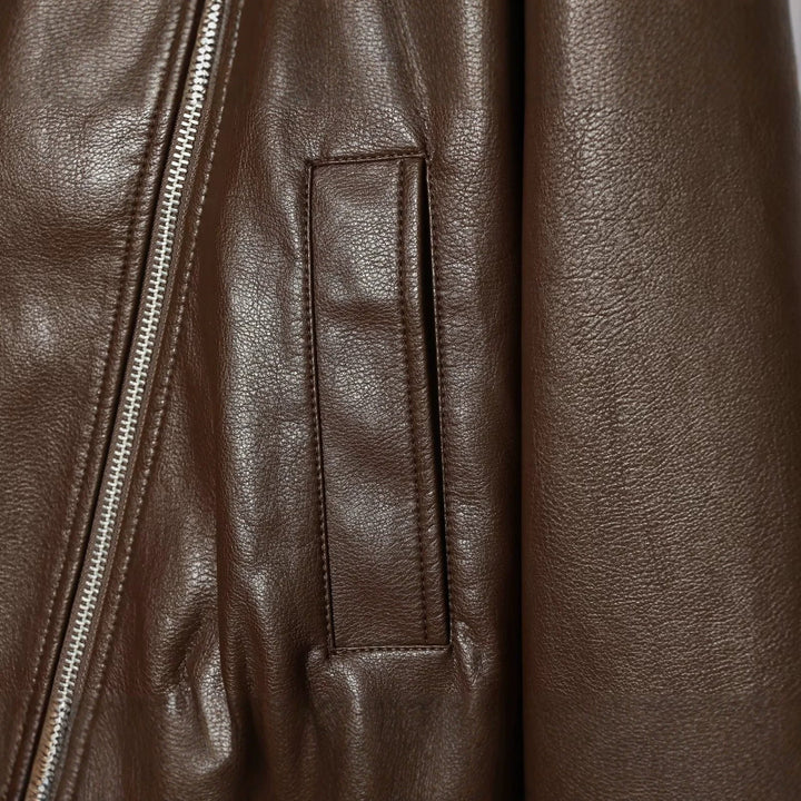 Dam Kort Biker Blouson i Läderlook med Hög Funnel Krage