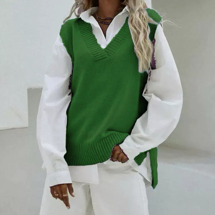 Dam Sleeveless stickad väst med V-Neck och Side Slits