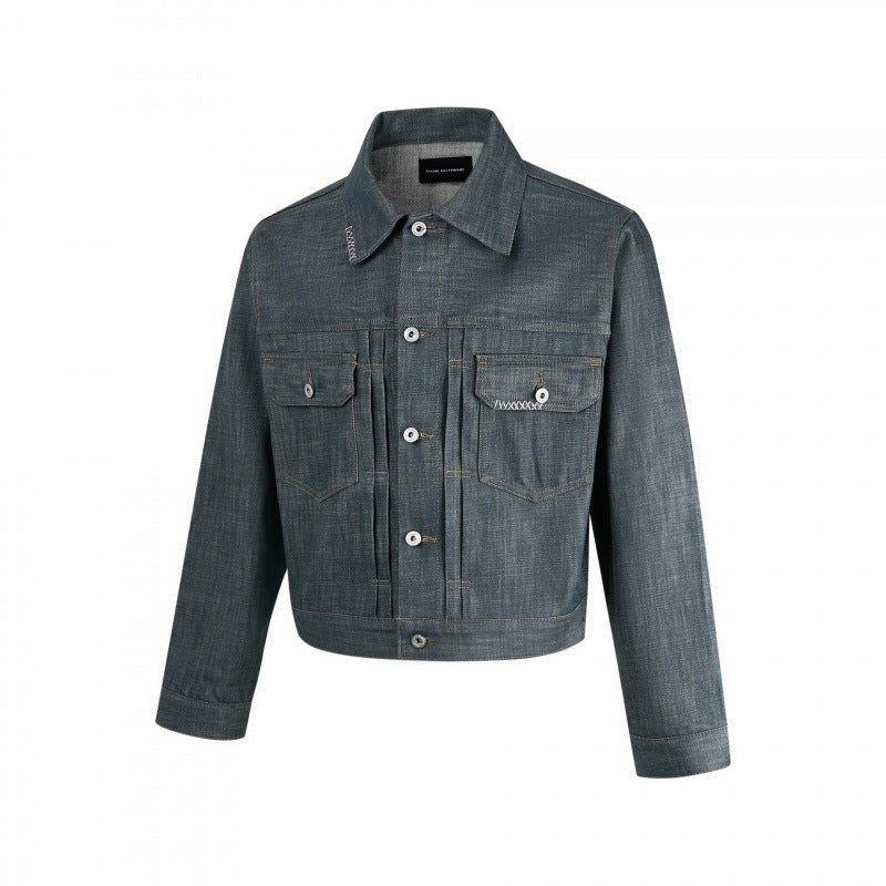 Herr cropped denimjacka med vertikala sömmar, utanpåfickor, och boxig siluett