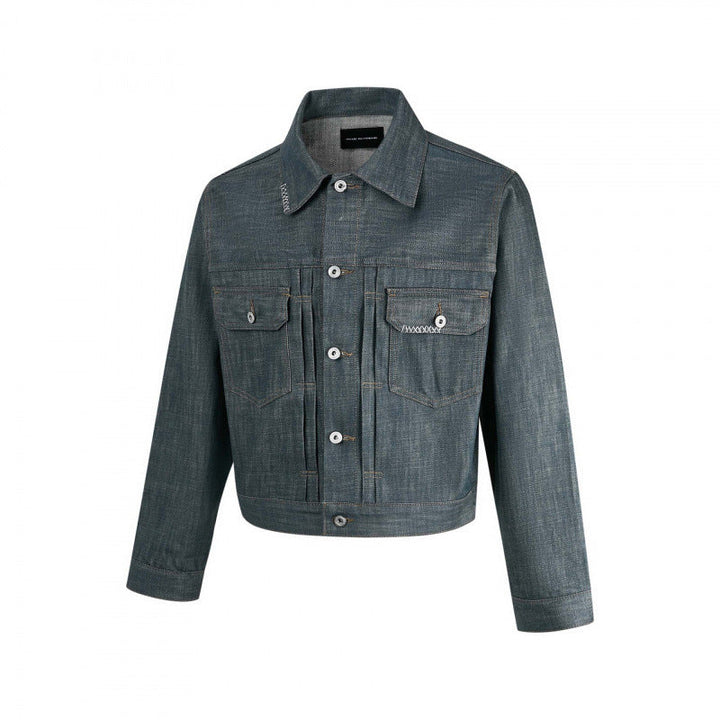 Herr cropped denimjacka med vertikala sömmar, utanpåfickor, och boxig siluett