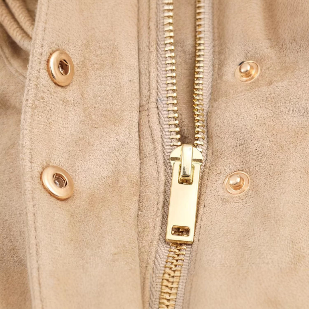 Dam Kort Suede Look Jacka med Stå Krage och Tryckknapp Knapp Knäppning