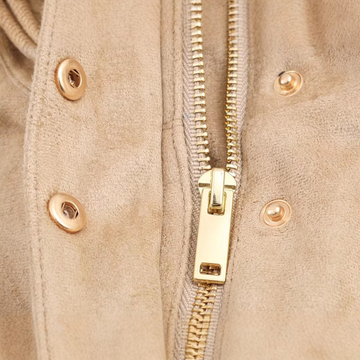 Dam Kort Suede Look Jacka med Stå Krage och Tryckknapp Knapp Knäppning