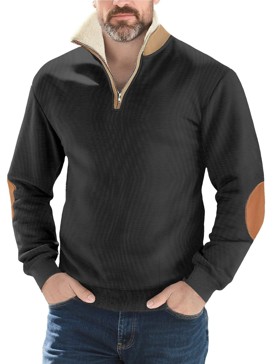 Herr Strukturerad Stickad Halv Dragkedja Pullover med Värmande Sherpa Krage och Velour Elbow Lappar