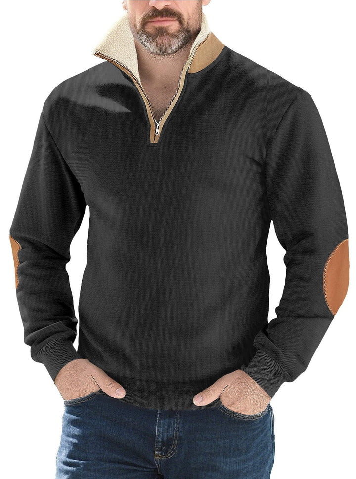 Herr Strukturerad Stickad Halv Dragkedja Pullover med Värmande Sherpa Krage och Velour Elbow Lappar